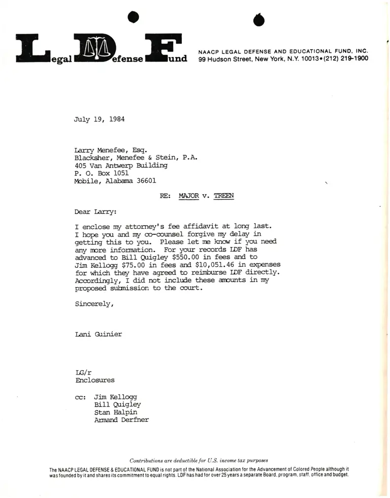 Letter from Lani Guinier to Larry Menefee Re Major v. Treen preview