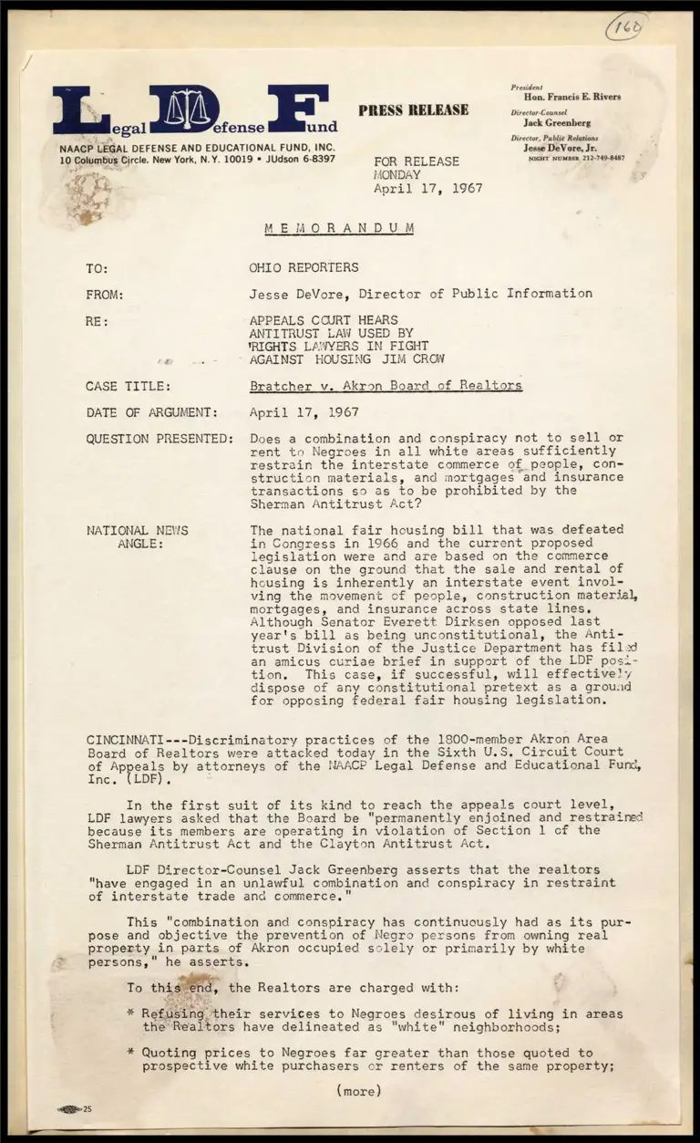 Memorandum on Bratcher v. Akron Board of Realtors Appeals Court Hears Antitrust Law used by LDF Lawyers Against Housing Jim Crow preview