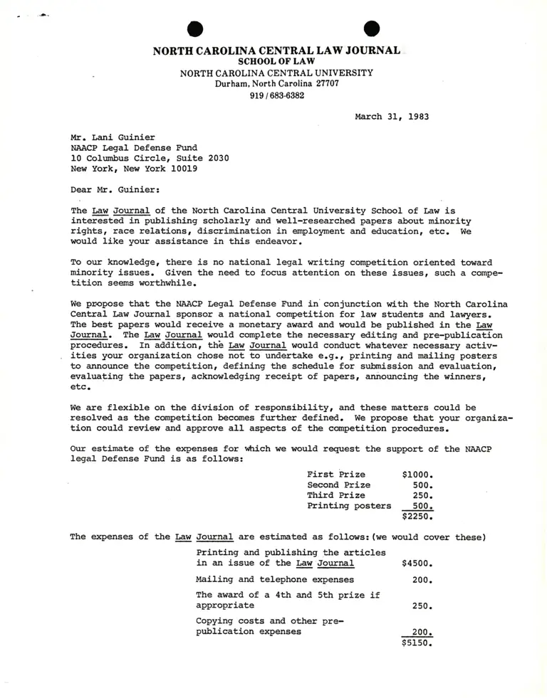 Correspondence from Arthur L. Berger (The North Carolina Central Law Journal) to Lani Guinier preview