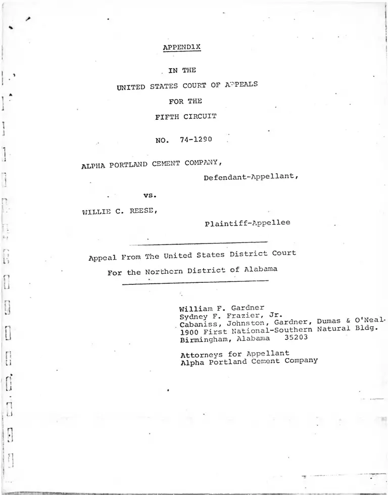 Alpha Portland Cement Company v. Reese Appendix preview