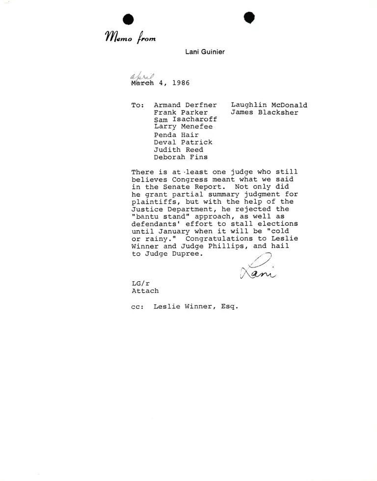Memorandum from Lani Guinier to Derfner, Parker, Isacharoff, Menefee, Hair, Patrick, Reed, Fins, McDonald, and Blacksher preview