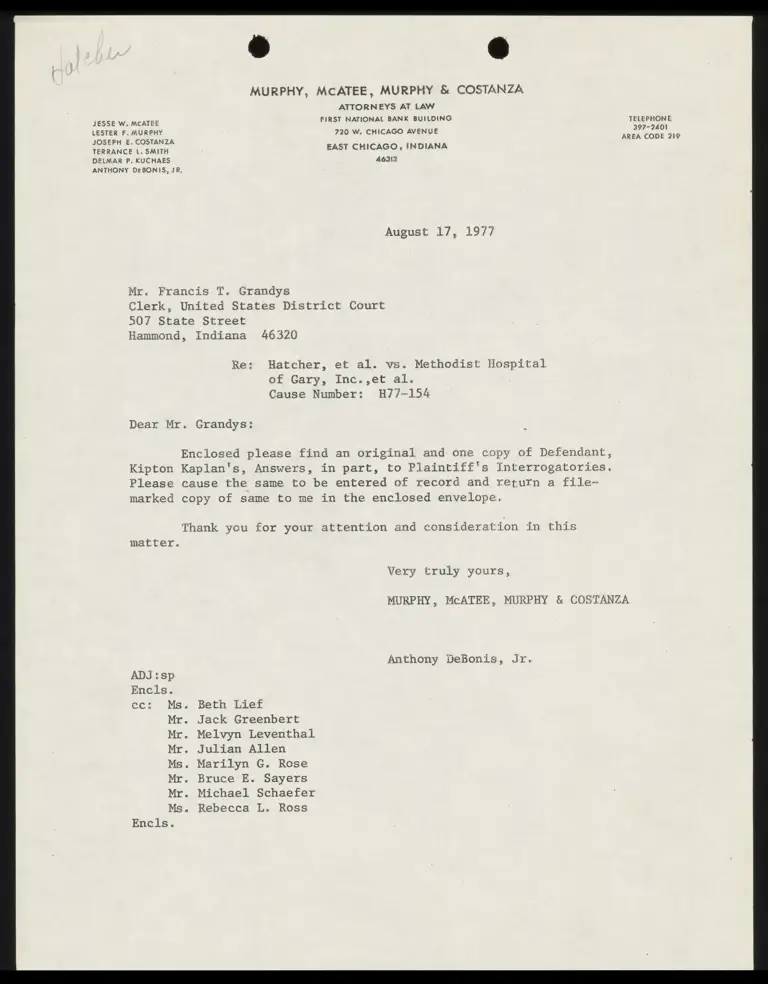 Correspondence from DeBonis to Clerk Re: Defendant Kaplan's Answers preview