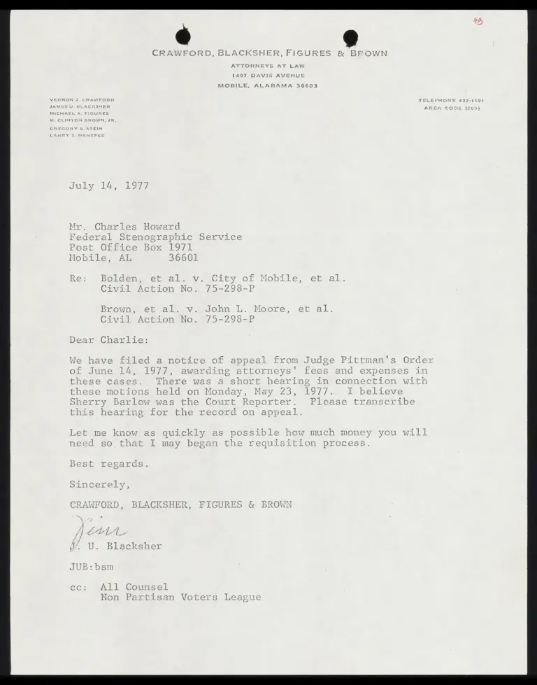 Letter to Charles Howard from Blacksher RE: Court Awards preview