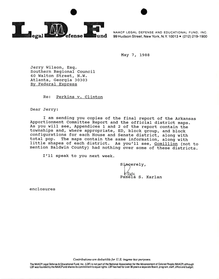 Correspondence from Pamela Karlan to Jerry Wilson, Esq. Re Perkins v. Clinton preview