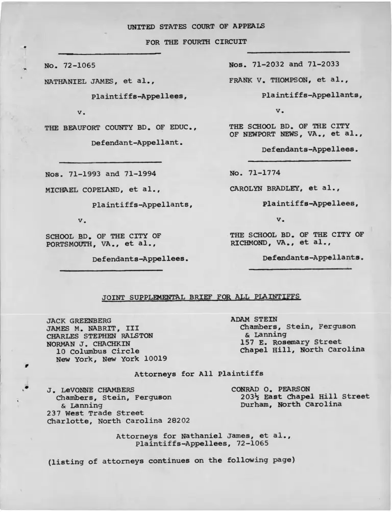 James v. Beaufort County Board of Education Joint Supplemental Brief for All Plaintiffs preview