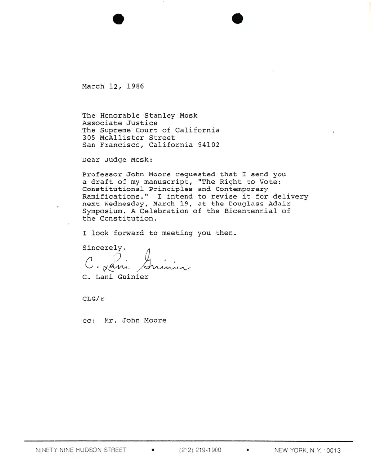 Correspondence from Lani Guinier to Stanley Mosk (Associate Justice, Supreme Court of California) preview