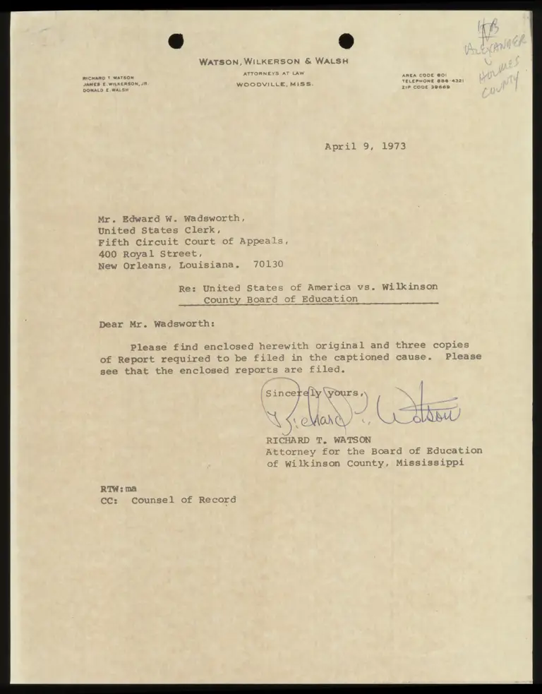 Correspondence from Watson to Clerk preview