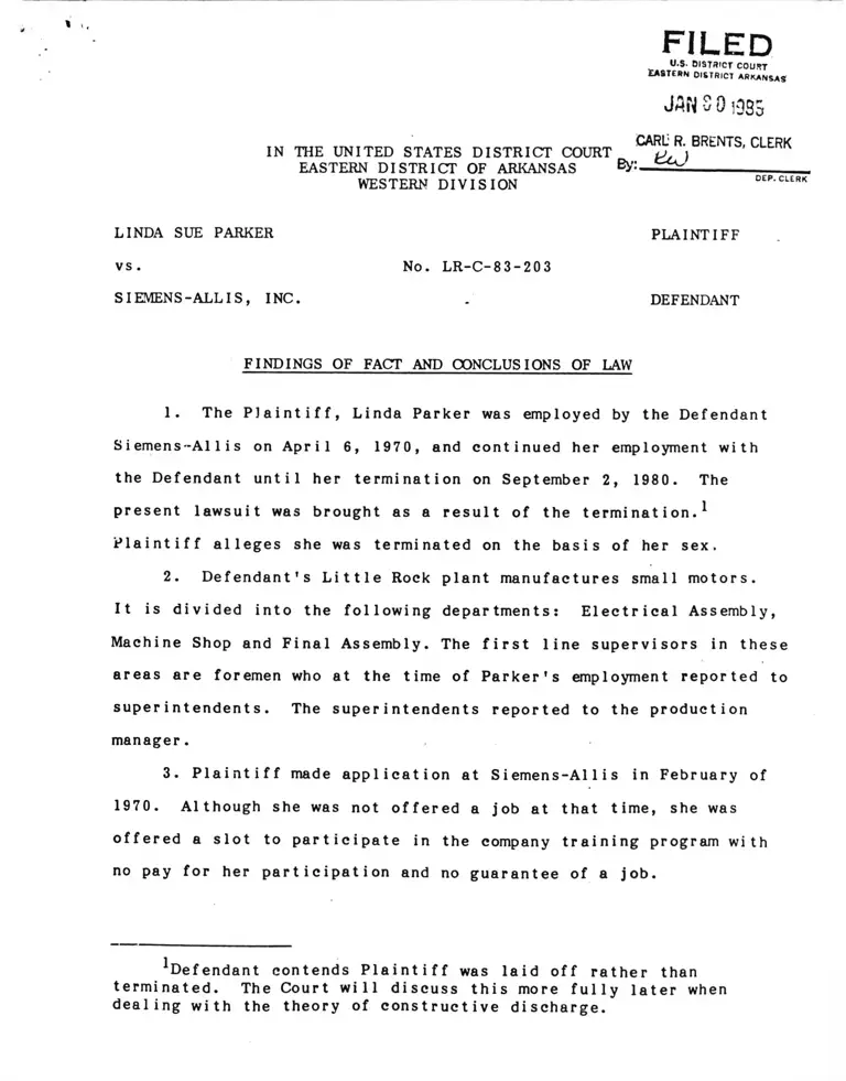 Parker v. Siemens-Allis, Inc. Findings of Fact and Conclusions of Law preview
