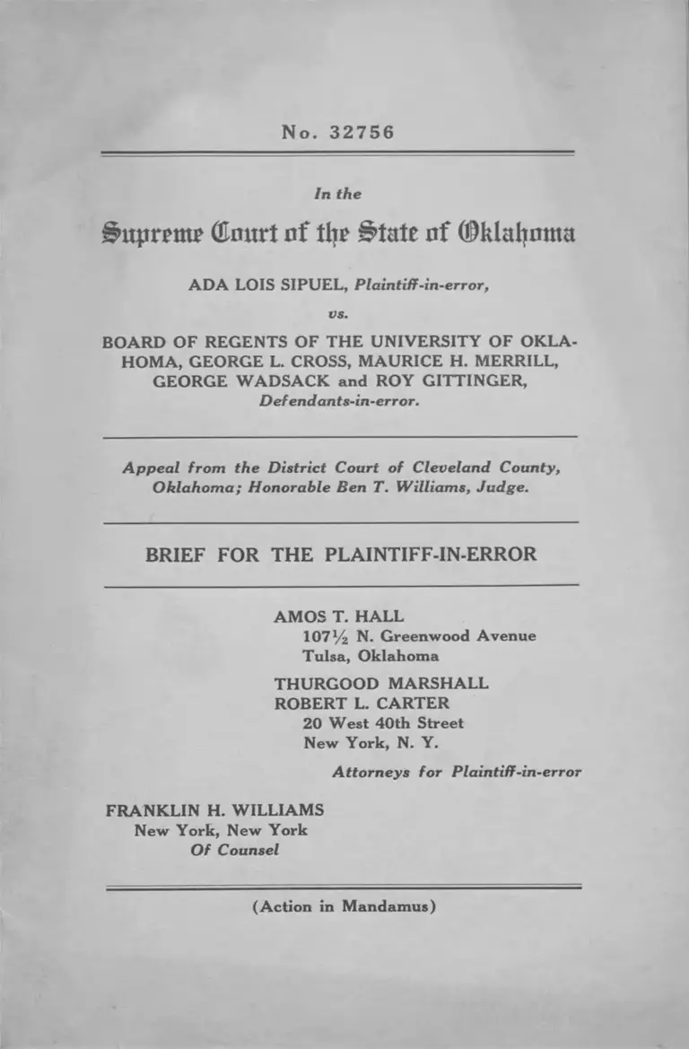 Sipuel v Board of Regents of UOK Brief for the Plaintiff in Error preview