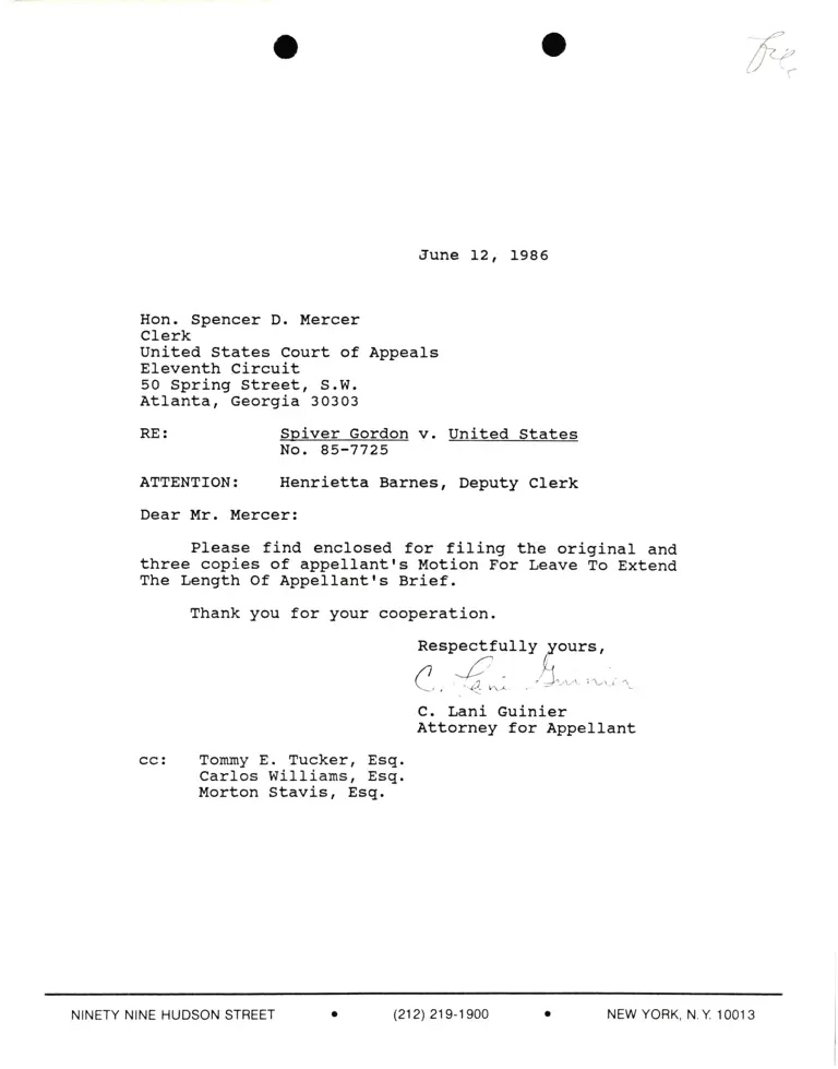 Correspondence from Lani Guinier to Spencer D. Mercer (Clerk) Re: Spiver Gordon v. United States preview
