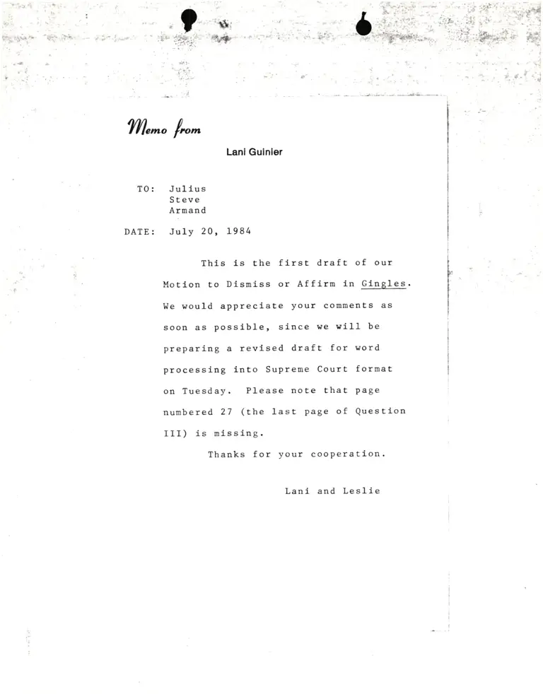 Memo from Lani Guinier to Julius Chambers, Steve Ralston, and Armand Derfner Re Gingles preview
