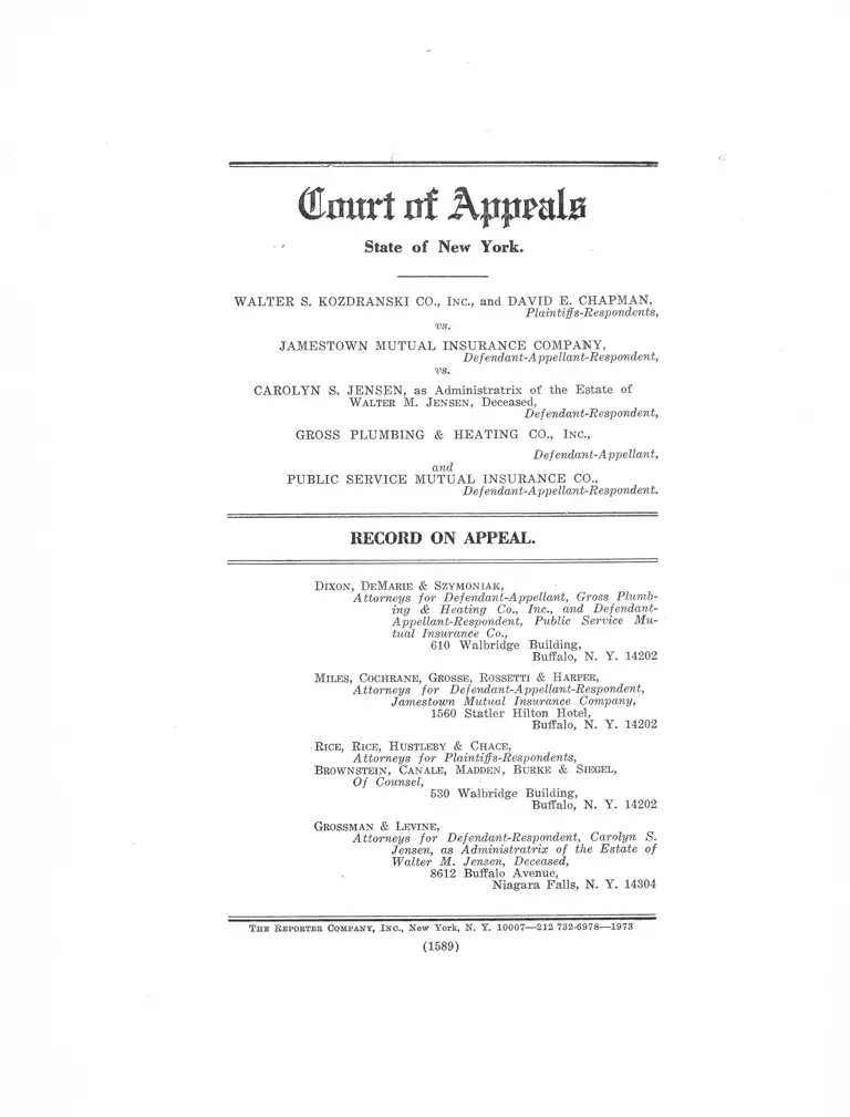 Walter S. Kozdranski Co., Inc. v Jamestown Mutual Insurance Company Record on Appeal preview