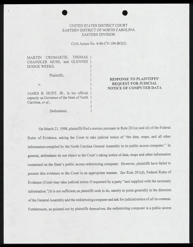 Response to Plaintiffs' Request for Judicial Notice of Computer Data with Certificate of Service preview