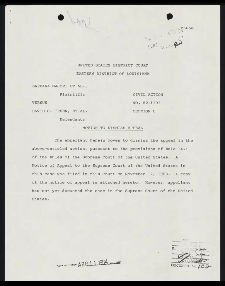 Motion to Dismiss Appeal; Order to Dismiss Appeal preview