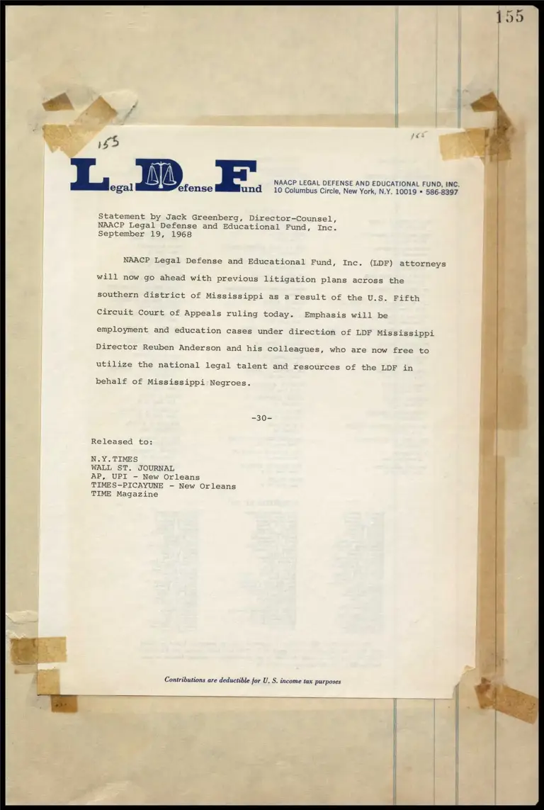 Greenberg Statement on Utilization of National Legal Talent and Resources of the LDF in Behalf of Miss. Negroes preview