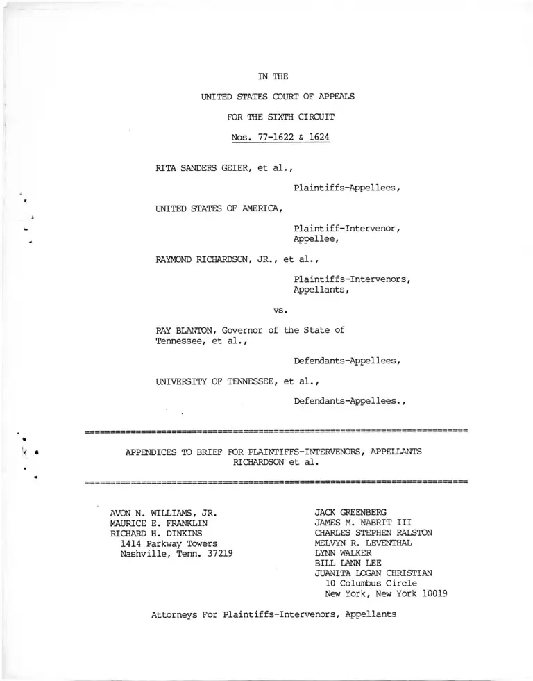 Geier v. Blanton Appendices to Brief for Plaintiffs-Intervenors, Appellants Richardson preview