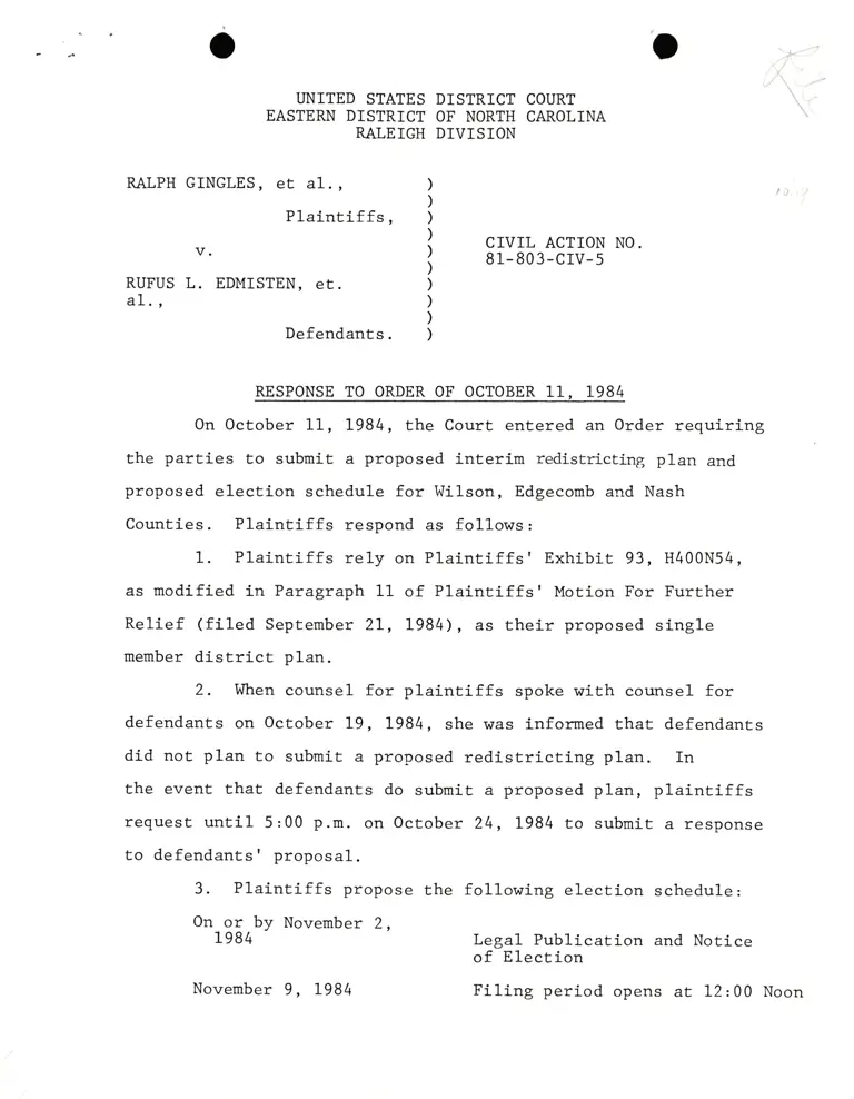 Response to Order of October 11, 1984 preview