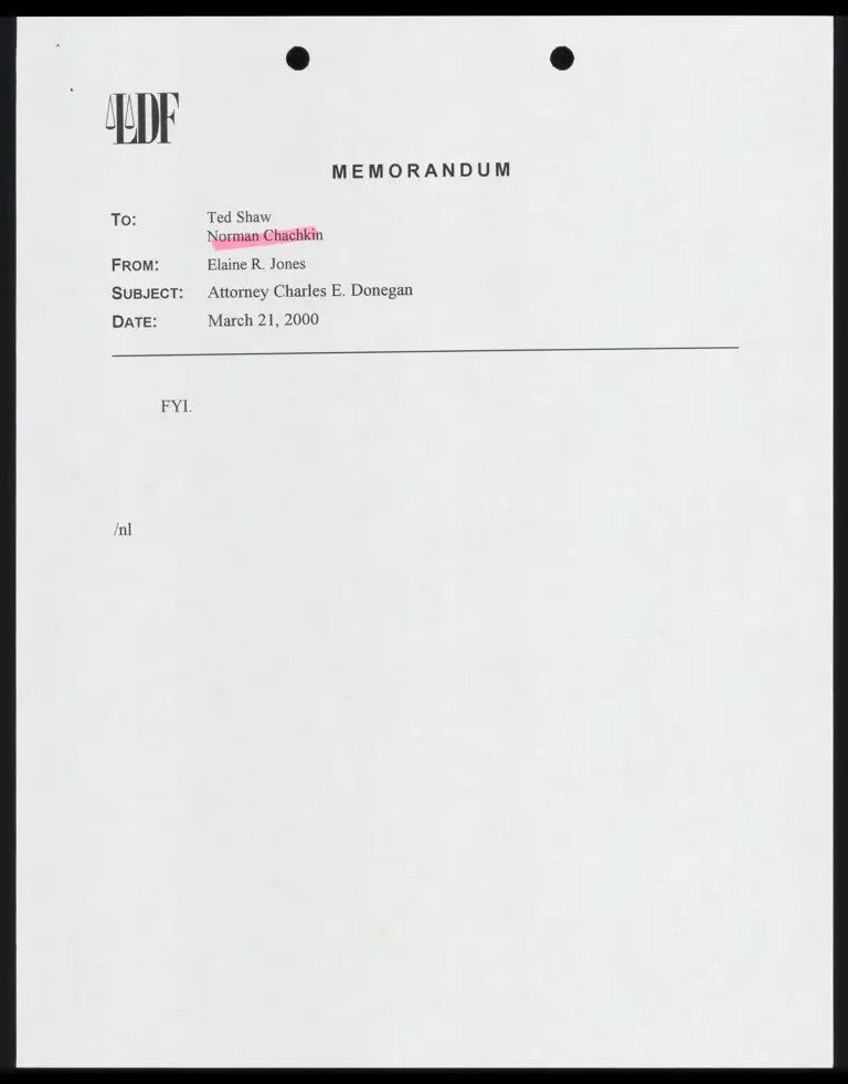 Memorandum from Jones to Shaw and Chachkin Re: Attorney Charles E. Donegan preview