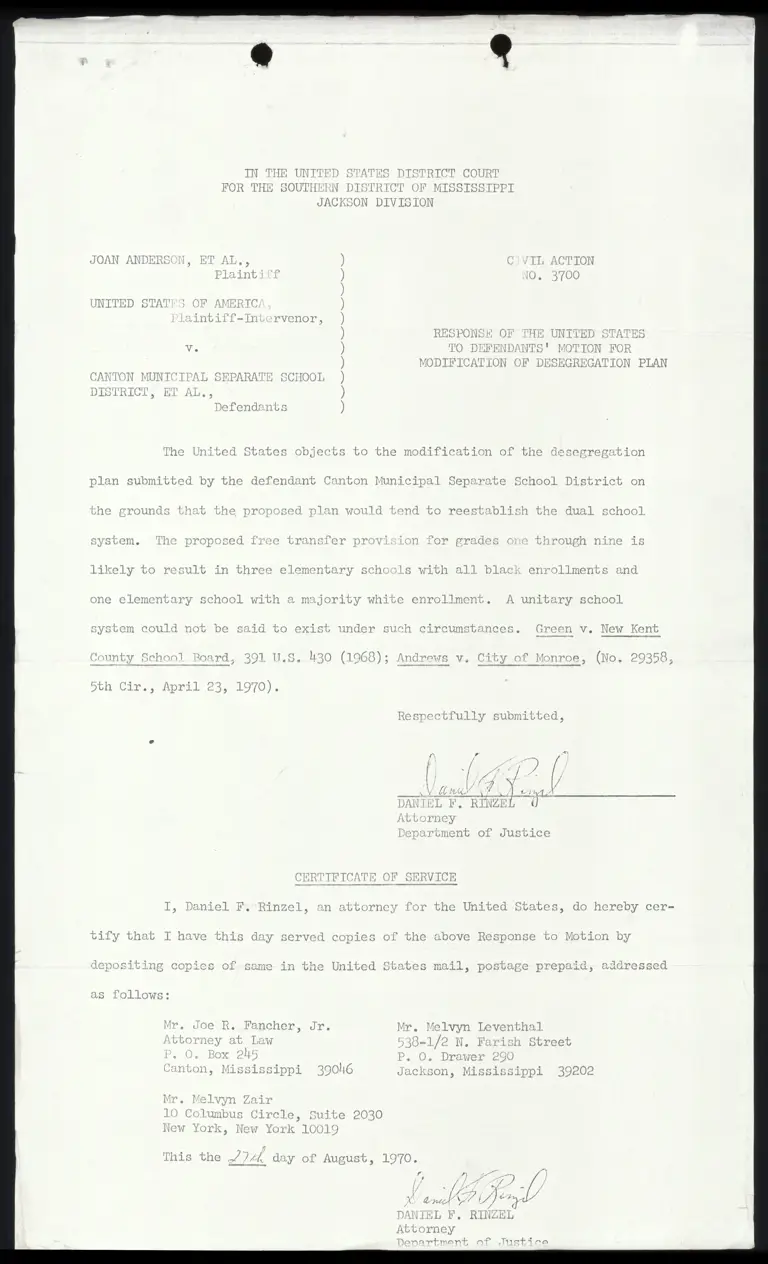 Response of the United States to Defendants' Motion for Modification of Desegregation Plan preview