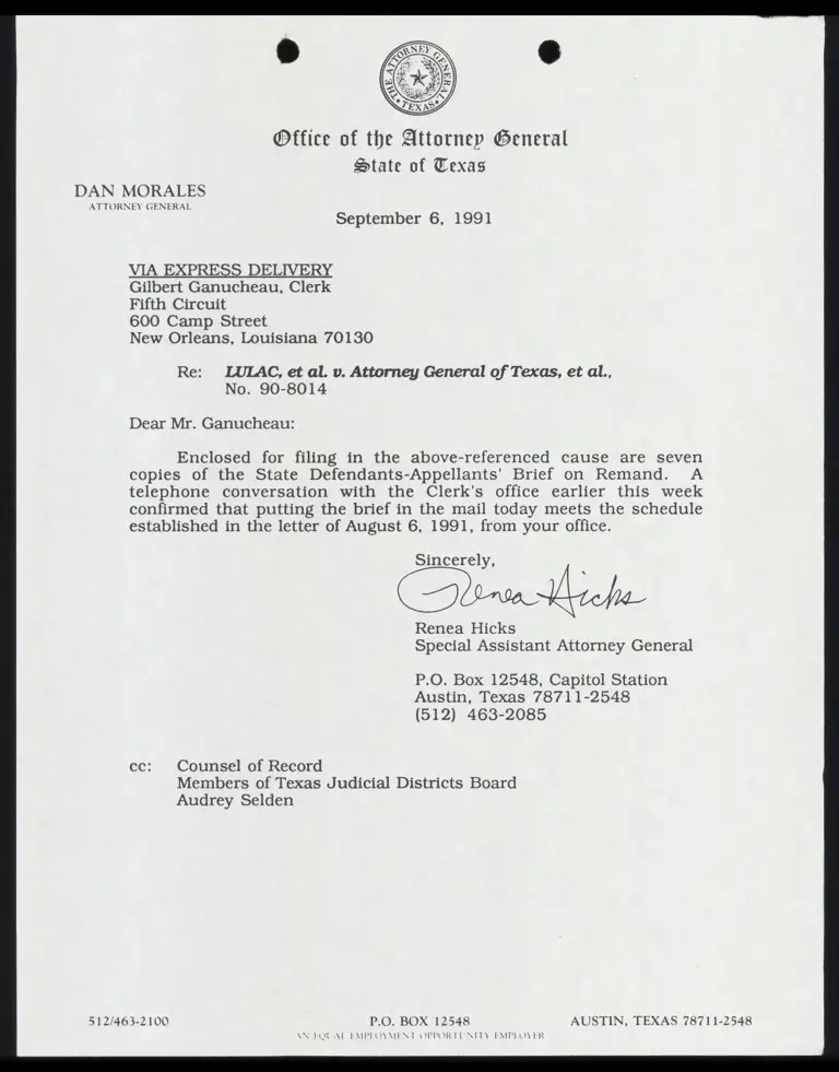 Correspondence from Hicks to Clerk Re: State Defendants-Appellants' Brief on Remand preview