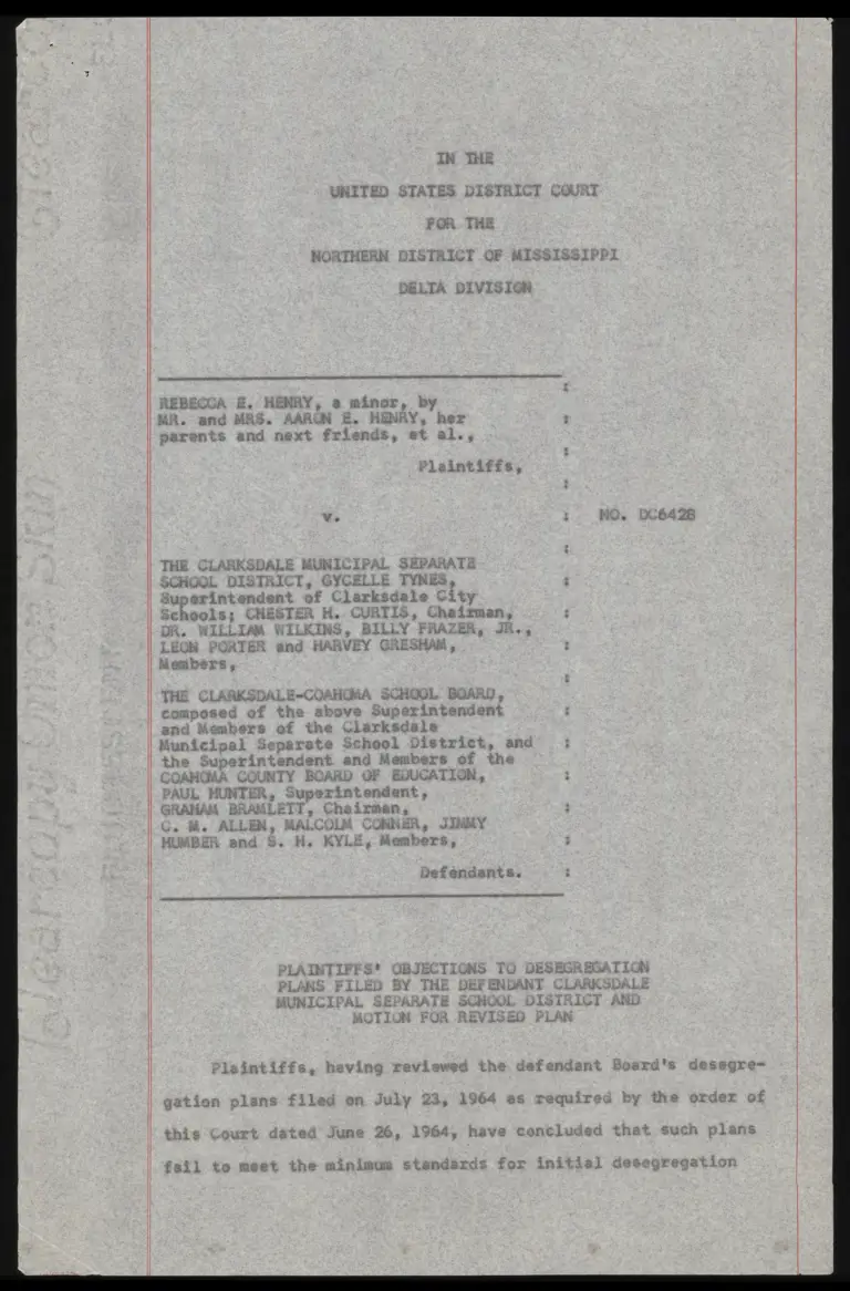 Plaintiffs' Objections to Desegregation Plans Filed by the Defendant Clarksdale Municipal Separate School District and Motion for Revised Plan preview