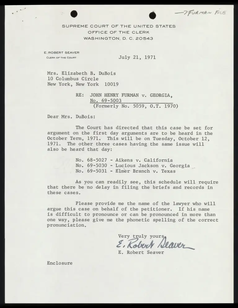 Correspondence from Clerk to DuBois with Notice to Counsel preview