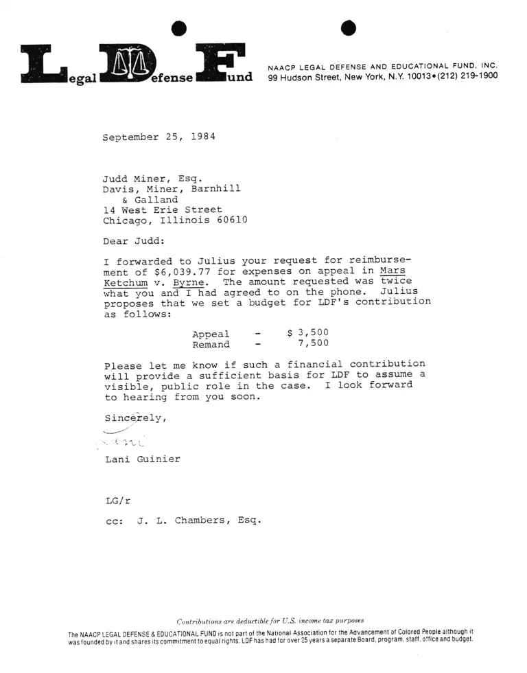 Letter from Lani Guinier to Judd Miner RE Reimbursement preview