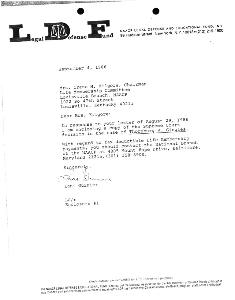 Correspondence from Lani Guinier to Irene Kilgore (Louisville Branch, NAACP) preview
