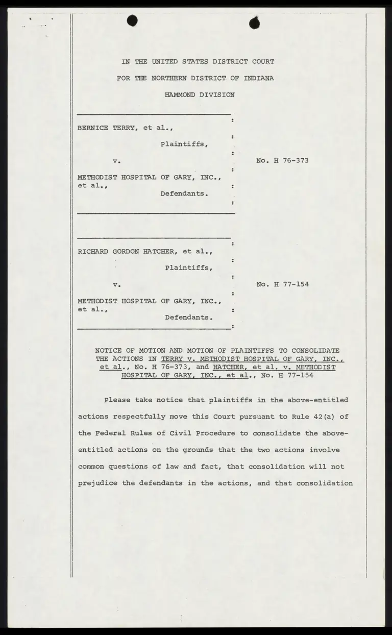 Notice of Motion and Motion of Plaintiffs to Consolidate with Order preview