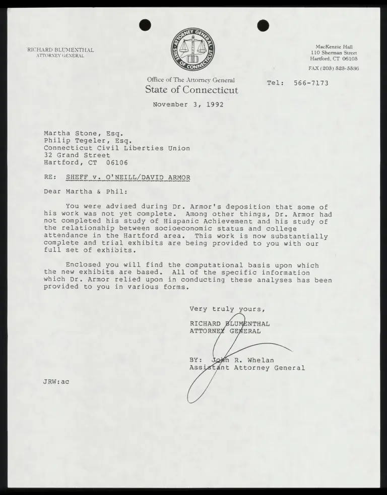 Correspondence from Whelan to Stone and Tegeler Re: Dr. Armor Study preview