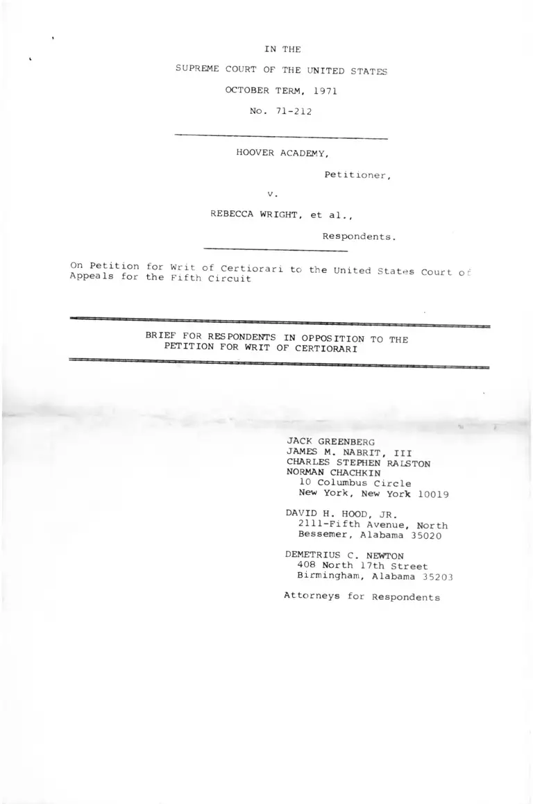 Hoover Academy v. Wright Brief for Respondents in Opposition to the Petition for Writ of Certiorari preview