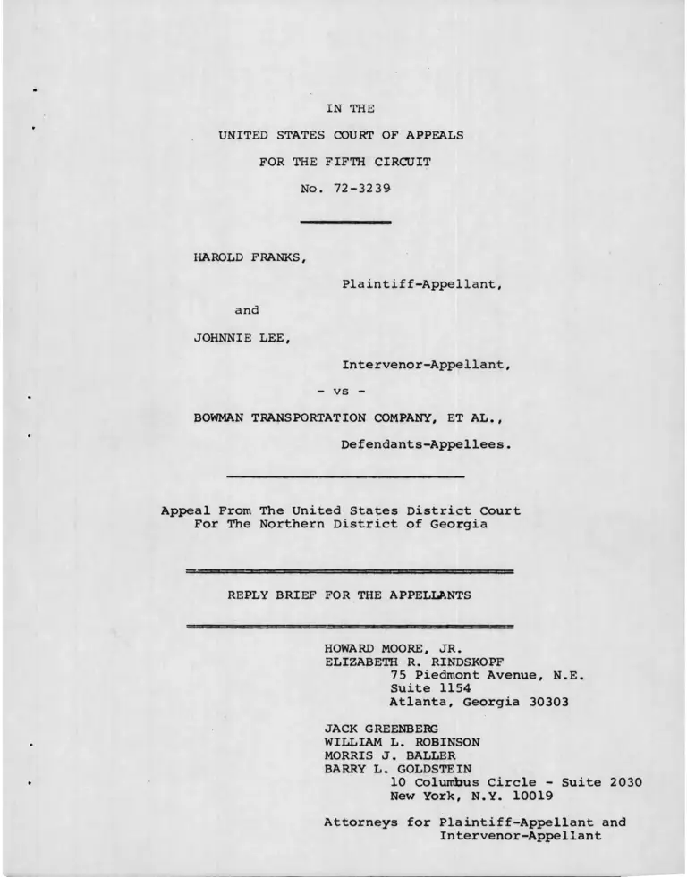 Franks v. Bowman Transportation Company Reply Brief for the Appellants preview