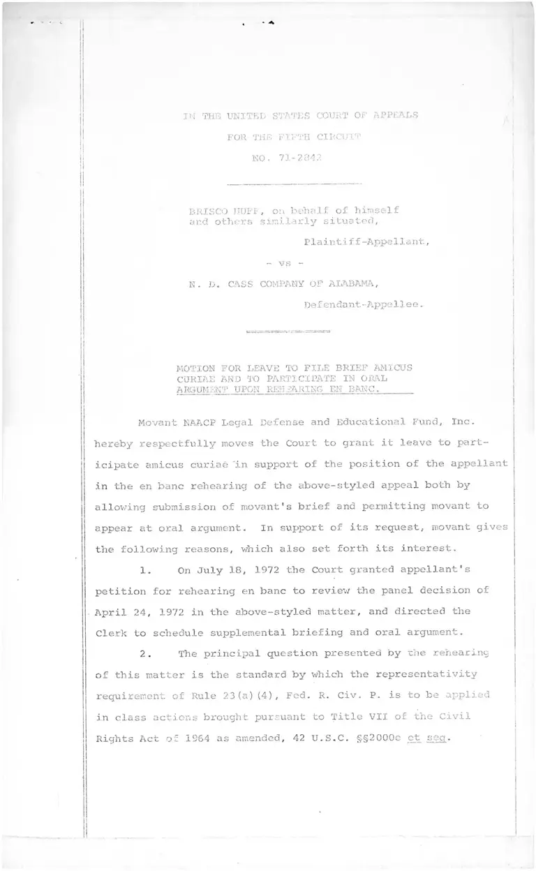Huff v. N.D. Cass Company of Alabama Motion for Leave to File Brief Amicus Curiae and Participate in Oral Argument Upon Rehearing En Banc preview