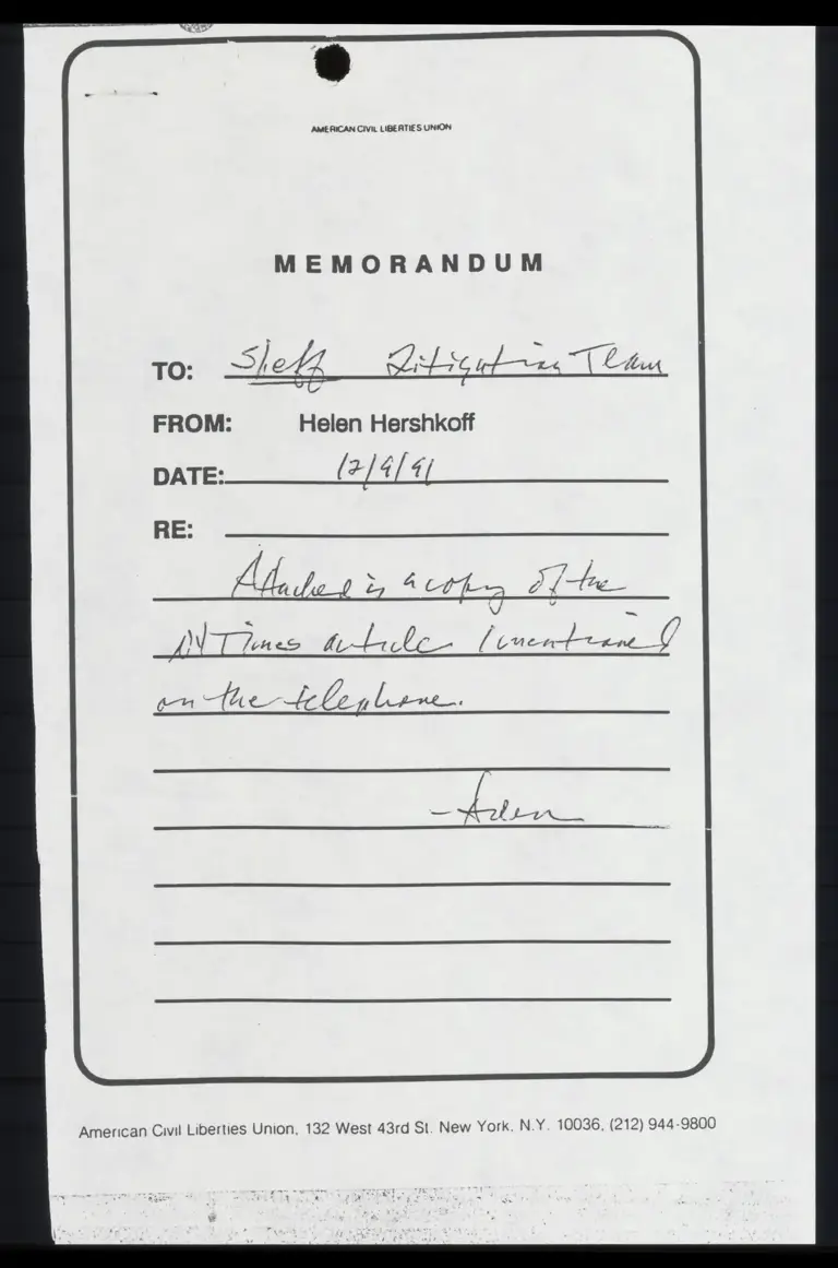 Memo from Hershkoff to Counsel with New York Times Article preview