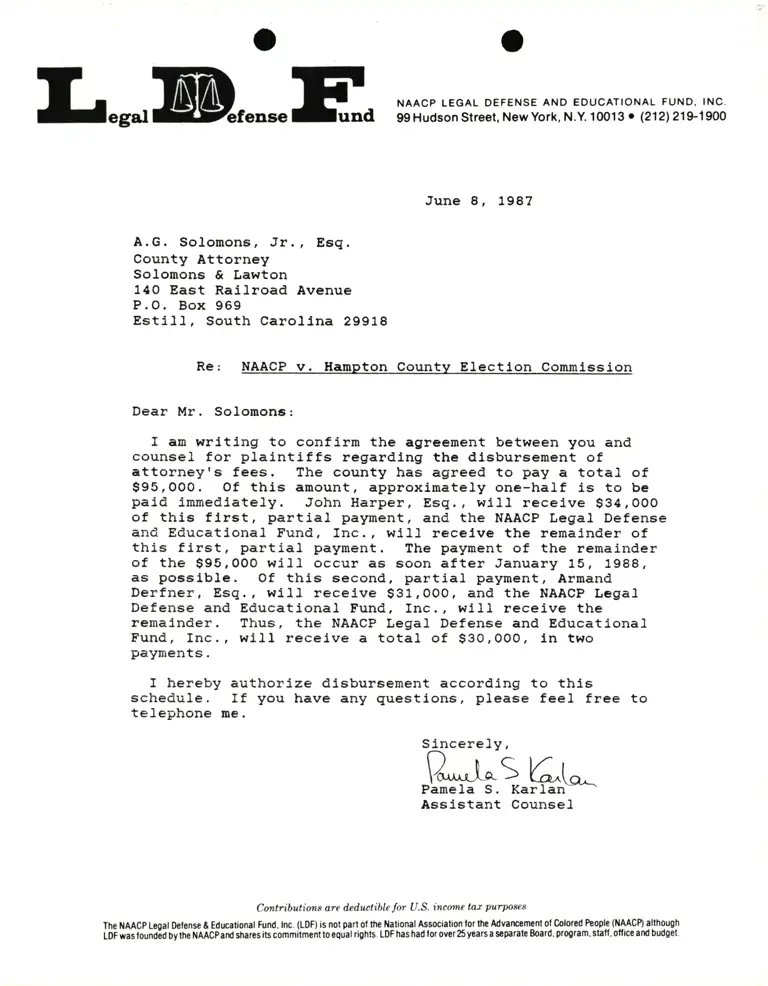 Correspondence from Pamela Karlan to A.G. Solomons, Jr., Esq. Re NAACP v. Hampton County Election Commission preview