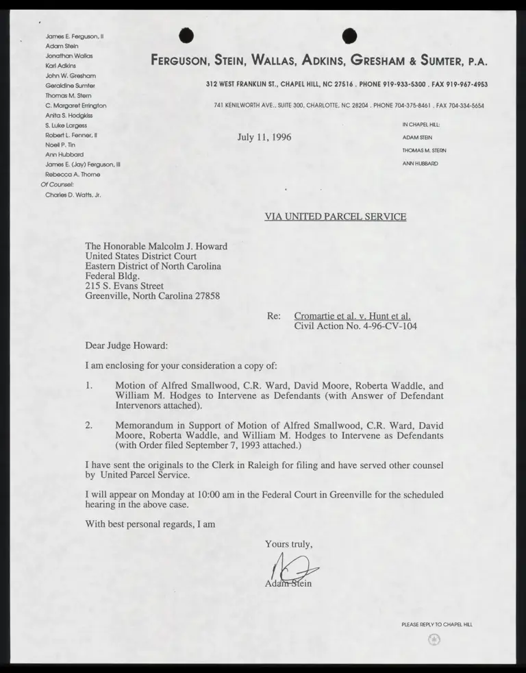 Correspondence from Stein to Judge Howard preview