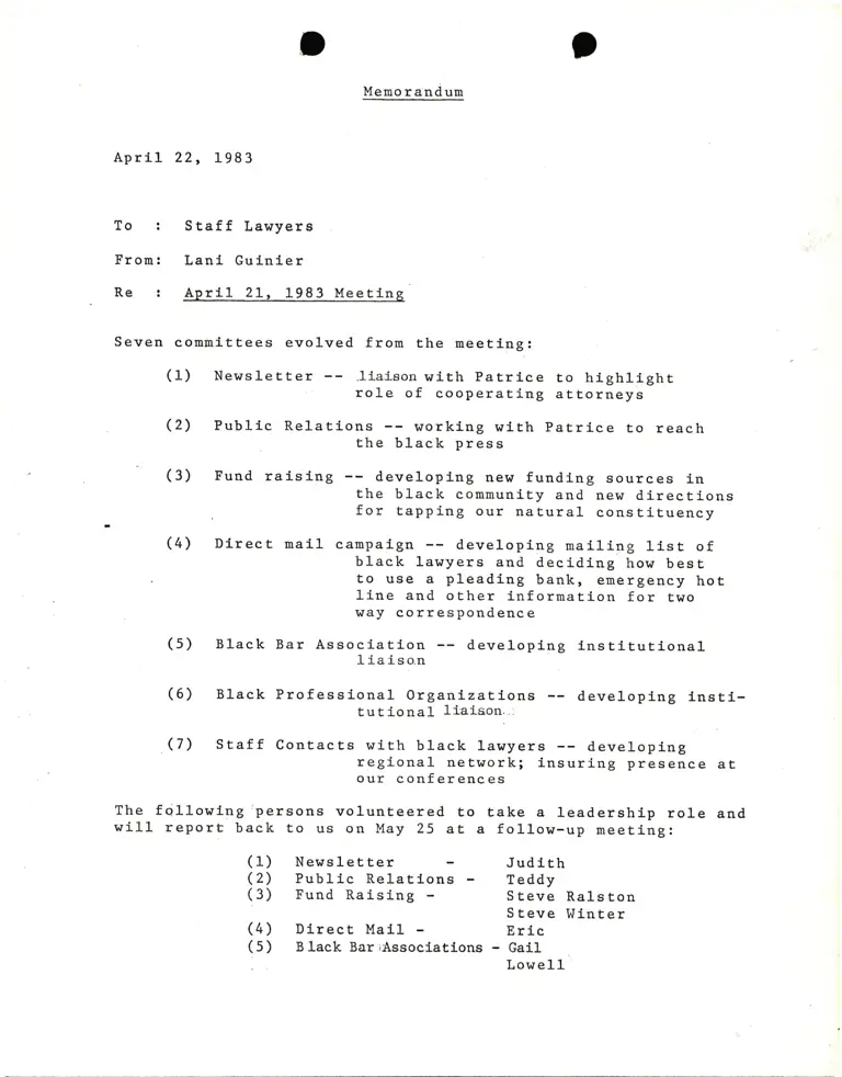 Memo from Lani Guinier to Staff Lawyers Re: April 21, 1983 Meeting preview