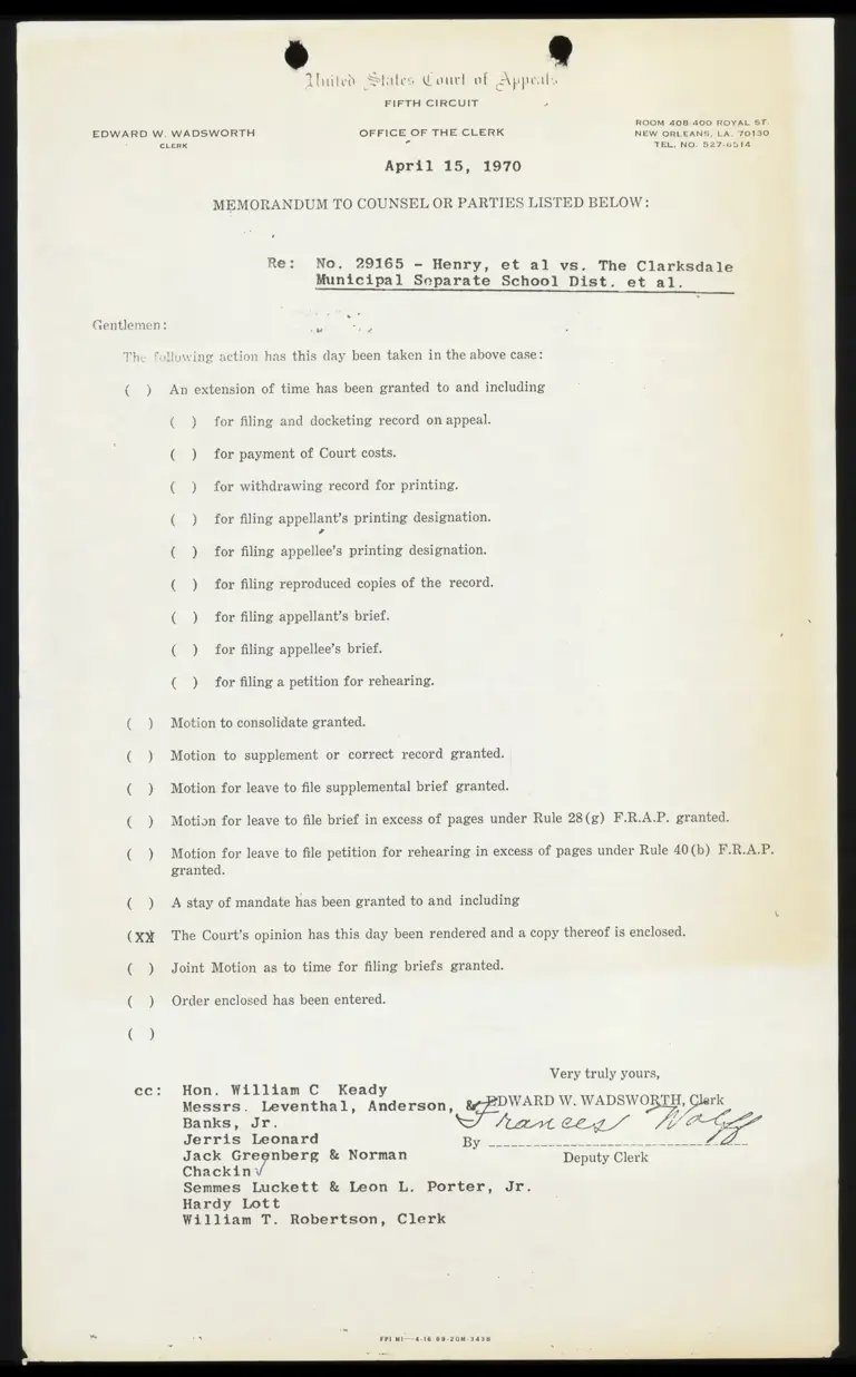 Memo from Clerk to Counsel Re: Notice of Opinion preview