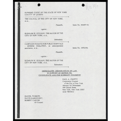 Defendants' Memorandum of Law in Support of Motion to Consolidate and for Summary Judgment preview
