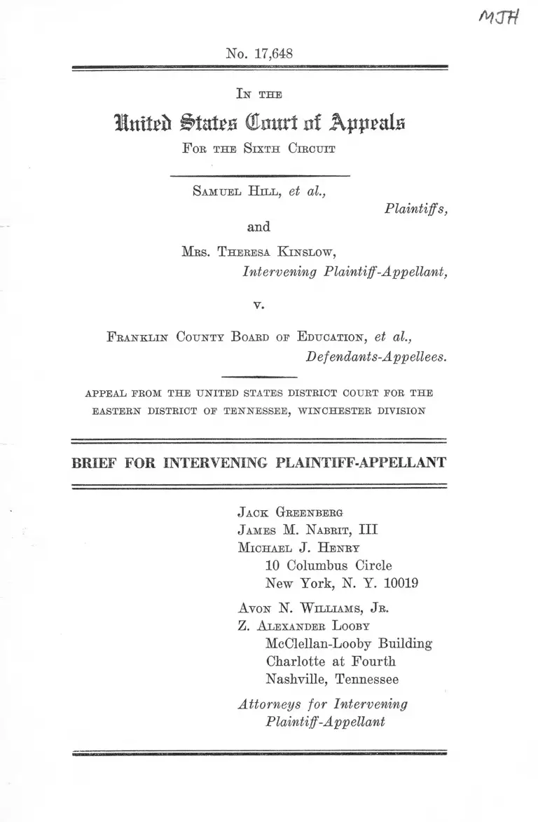 Hill v. Franklin County Board of Education Brief for Intervening Plaintiff-Appellant preview