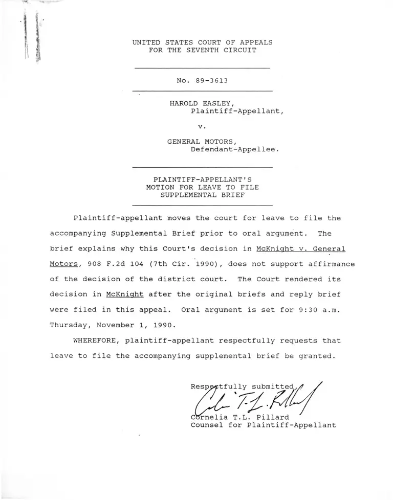Easley v. General Motors Plaintiff-Appellant's Motion for Leave to File Supplemental Brief preview