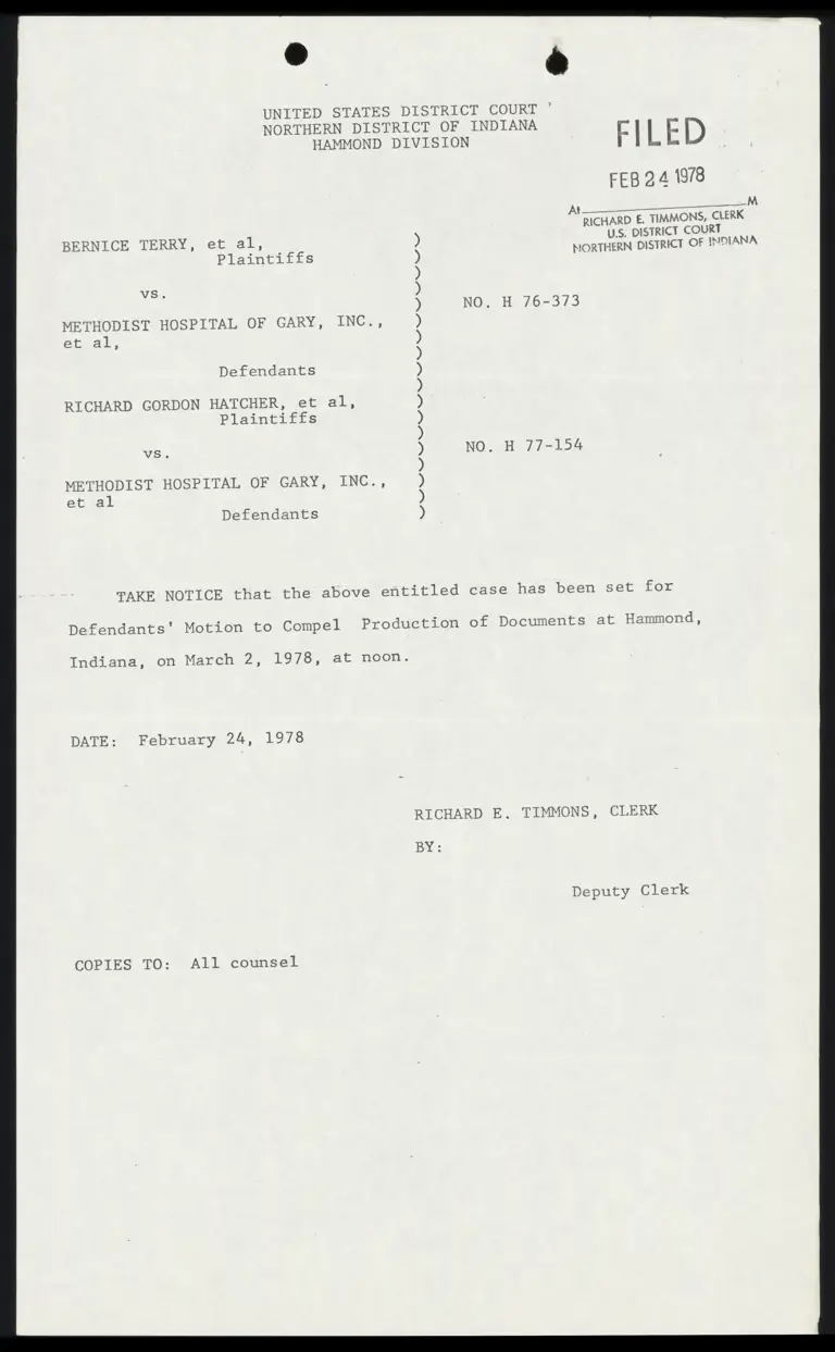 Notice Setting Motion to Compel Production of Documents preview