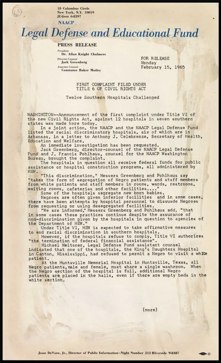 First Complaint Filed Under Title 6 of Civil Rights Act preview