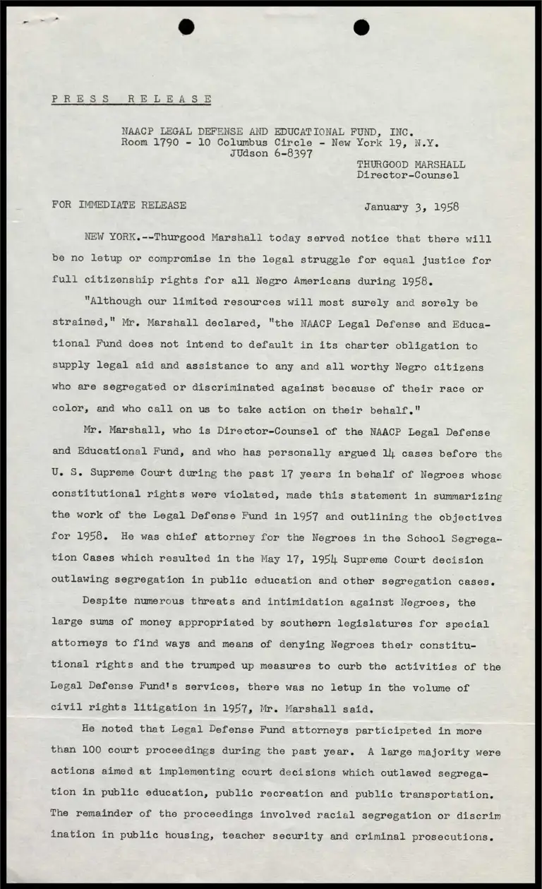 New York.-- Thurgood Marshall today served notice that there will be no letup… preview