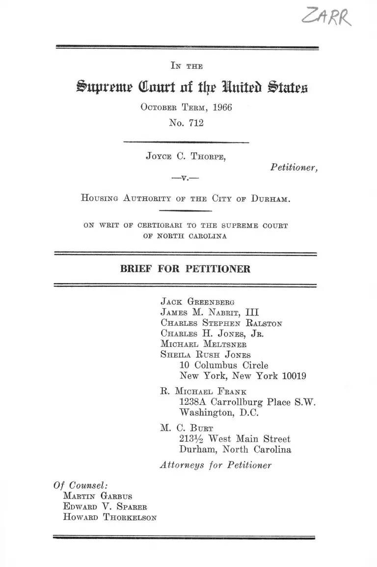 Thorpe v. Housing Authority of the City of Durham Brief for Petitioner preview