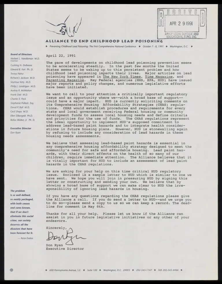 Memorandum of Alliance to End Childhood Lead Poisoning; Correspondence to Rules Docket Clerk preview