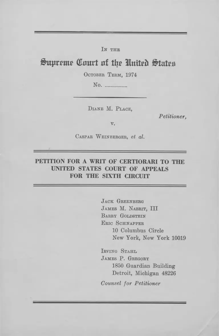 Place v. Weinberger Petition for a Writ of Certiorari preview