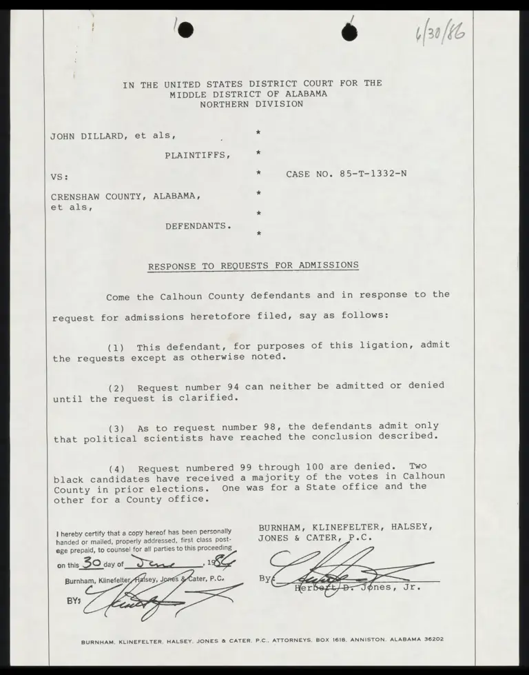 Response to Requests for Admissions; Answer to Plaintiffs' Third Discovery Request; Answers to Interrogatories of Calhoun County; of Snead; of Murray; of Page; of Fuller; of Wilkerson preview