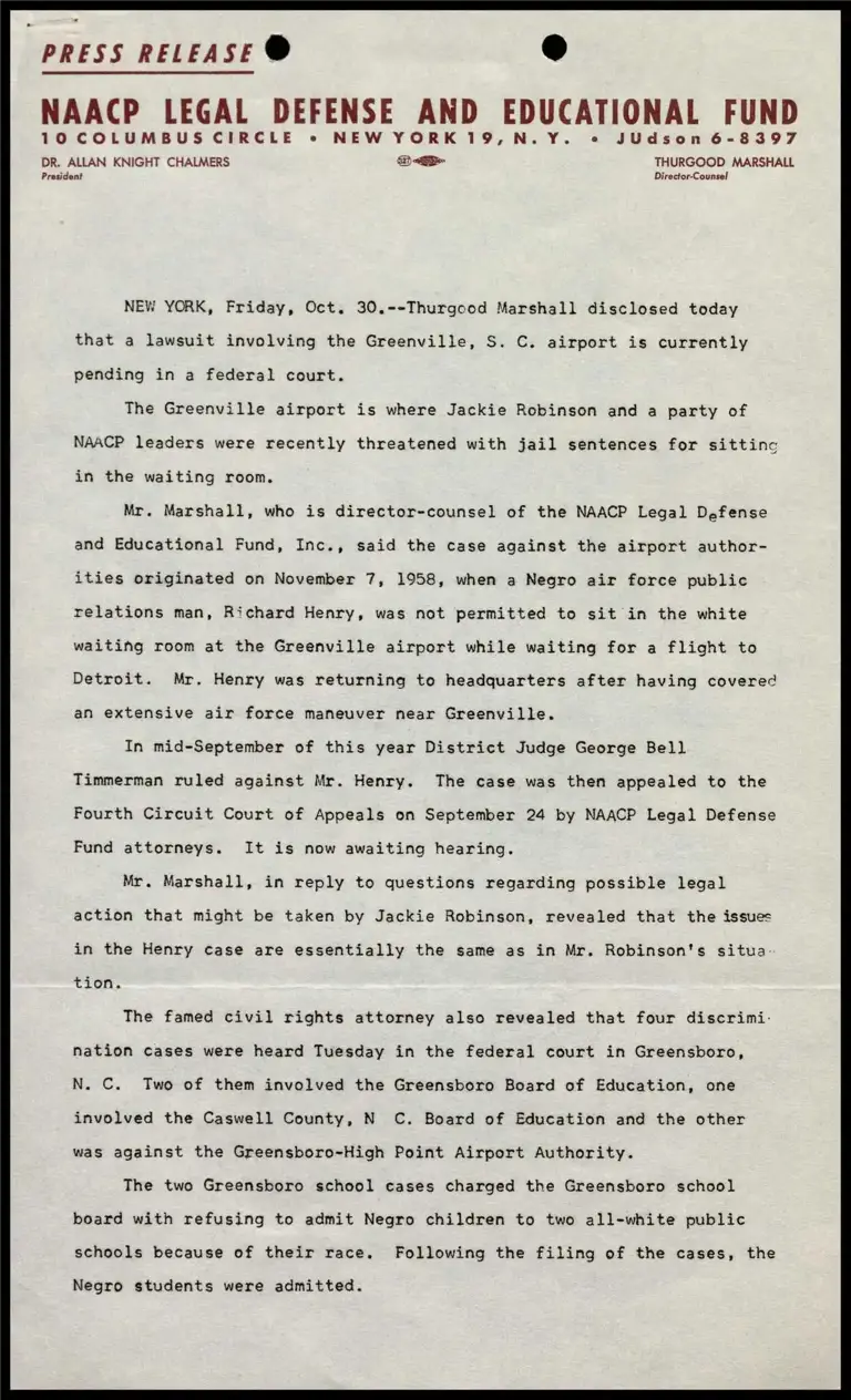 Thurgood Marshall disclosed today that a lawsuit involving Greenville, S.C. airport… preview
