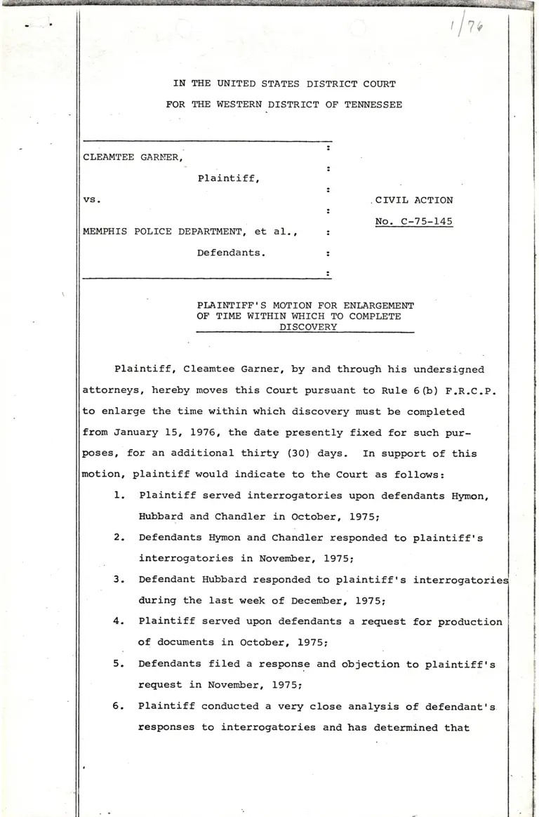 Plaintiff's Motion for Enlargement of Time Within Which to Complete Discover preview